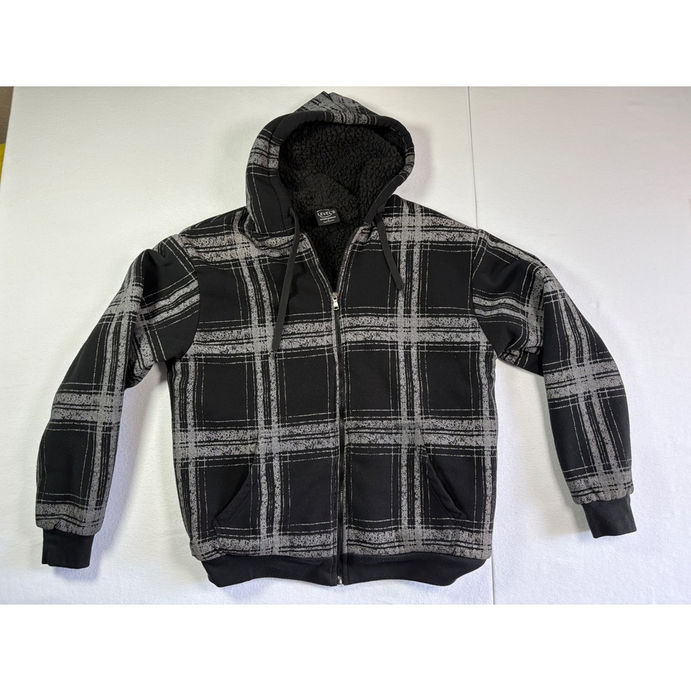 Level's Sportswear Mens Black Gray Plaid Sherpa Lined Full Zip Hoodie Jacket L